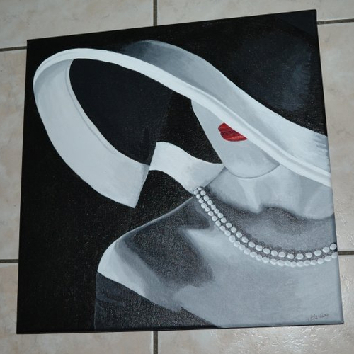 Tableau acrylique "femme au chapeau noir et blanc"