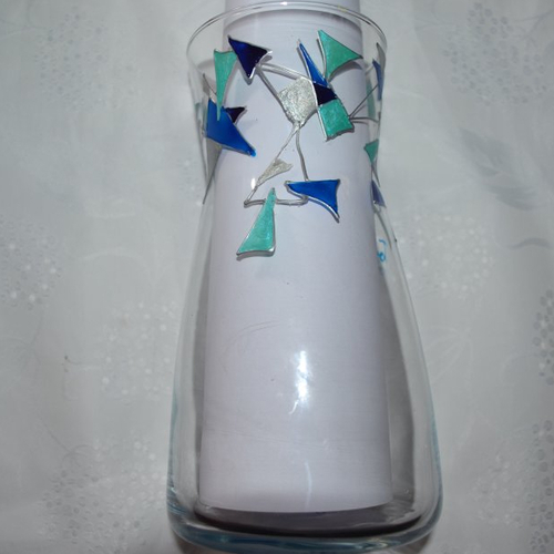 Carafe, vase en verre peint graphique bleu et argent