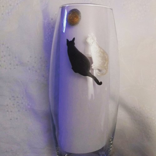 Vase en verre peint "2 chats amoureux au clair de lune"