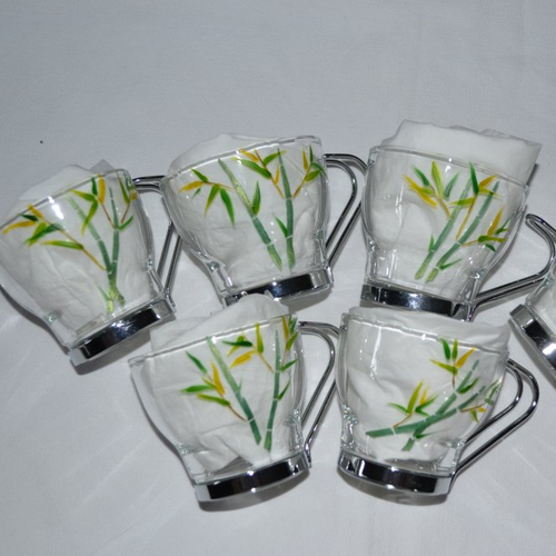 6 tasses à café en verre et inox peinte "bambous"