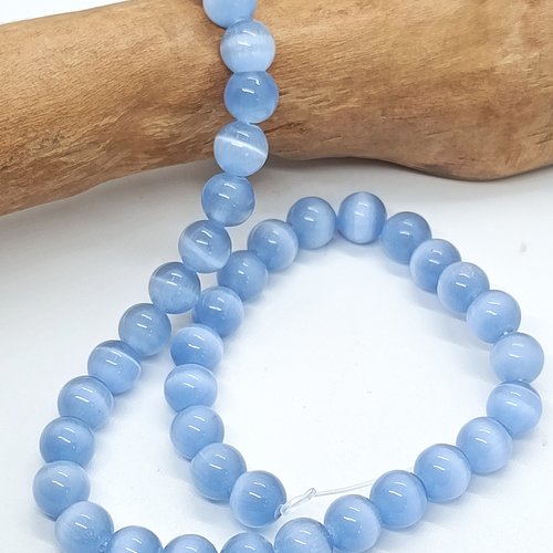 Lot de 20 perles naturelles oeil de chat bleu ciel 8mm