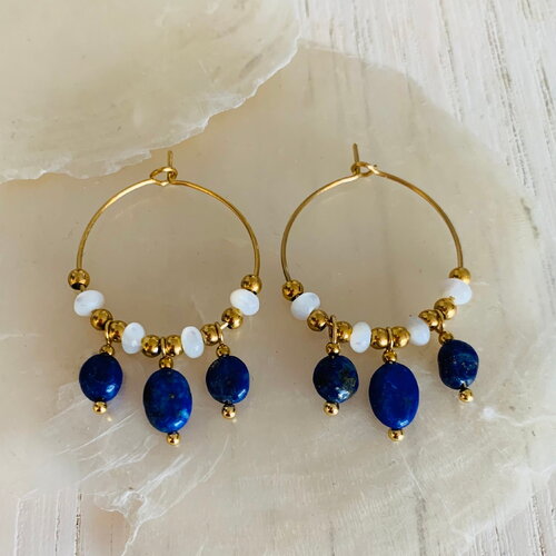 Boucles d’oreilles héra (acier inoxydable, nacre et lapis lazuli)