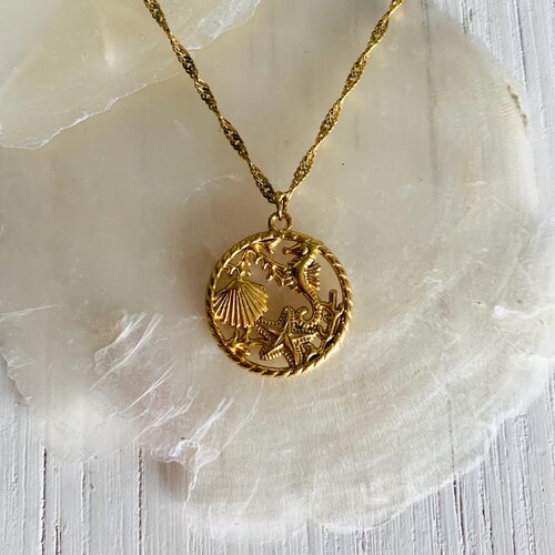 Collier cordélia (acier inoxydable pendentif hippocampe, étoile de mer et coquillage)
