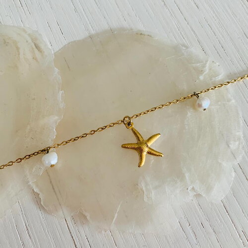 Bracelet de cheville namaka (acier inoxydable pendentifs étoile de mer et perles d’eau douce naturelles)