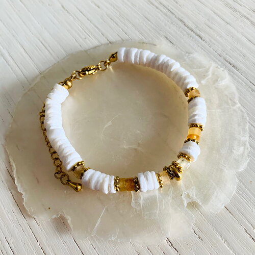 Bracelet bora - pierre de soleil (acier inoxydable, coquillage et pierre de soleil)