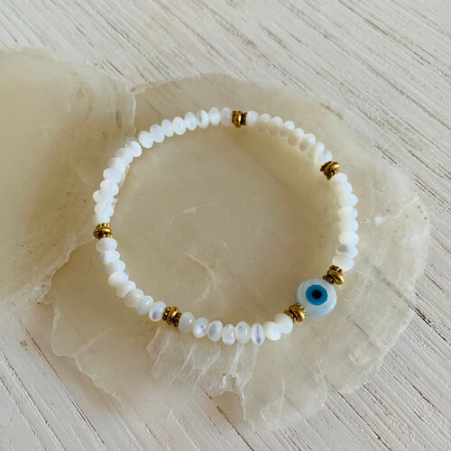 Bracelet matiasma (perles nacre, perle nacre oeil protecteur grec et acier inoxydable)