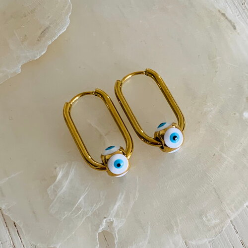 Boucles d’oreilles nazar - blanc (acier inoxydable et oeil protecteur grec blanc) - bijoux femme