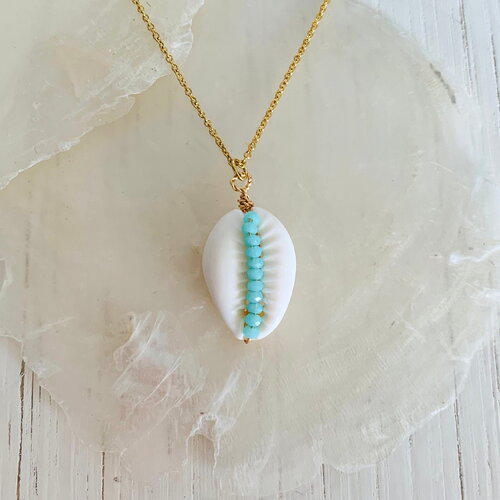 Collier cauri (acier inoxydable, coquillage cauri et amazonite)