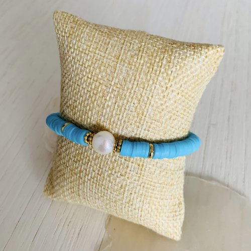 Bracelet aukena - bleu (perles heishi, perle d’eau douce naturelle et acier inoxydable)