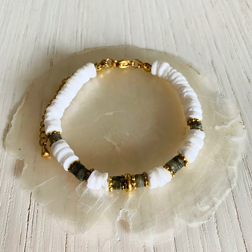 Bracelet bora - labradorite (acier inoxydable, coquillage et labradorite)