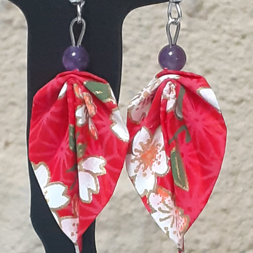 Bijou enfant, boucles d'oreilles améthyste, boucles d'oreilles papier japonais fleurs, cadeau pour pinata, bijou fleurs