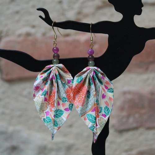 Boucles d'oreilles origami papier japonais, tourmaline, acier inoxydable, idée cadeau femme
