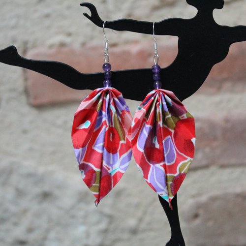 Boucles d'oreilles rouge, papier japonais et améthyste, boucles pendantes, oriflow