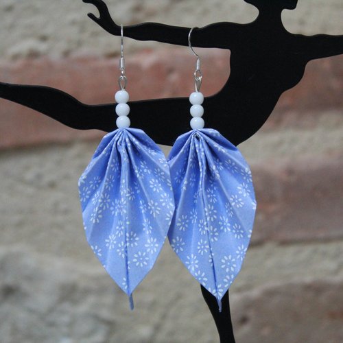Boucles d'oreilles lavande, origami papier japonais, agate blanche, oriflow