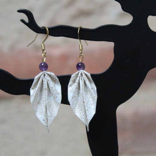 Boucles d'oreilles pendantes fille, papier japonais, améthyste, idée cadeau noël, oriflow