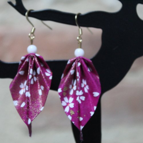 Boucles d'oreilles violet, papier japonais, agate blanche, oriflow