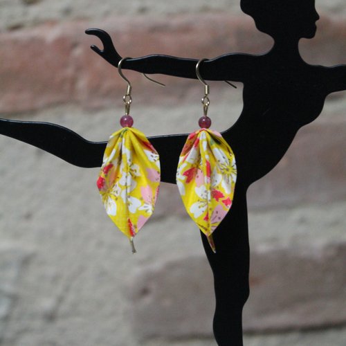 Boucles d'oreilles jaune, tourmaline, papier japonais, oriflow
