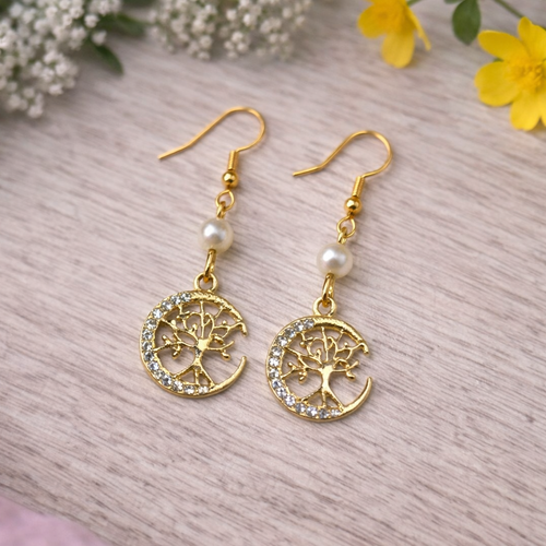 Boucles d’oreilles lune arbre de vie & perles blanches – doré