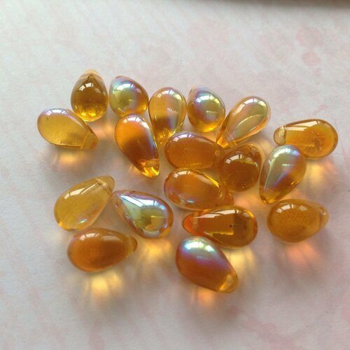 20 perles en verre transparentes goutte jaune orangé 10x5 mm
