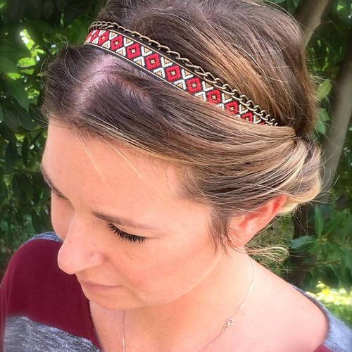Headband bijoux de tête, accessoire cheveux bandeau ethnique tissu wax et sa chaîne en bronze