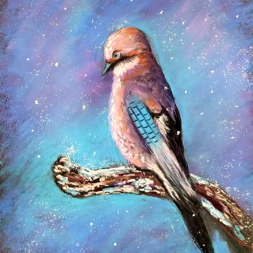 Peinture dessin oiseau au pastel sec "geai des chênes" sur papier pastelmat, dessin oiseau, peinture originale, encadrée