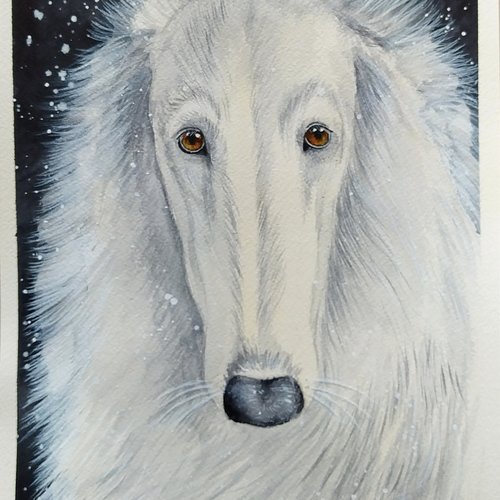 Aquarelle animale chien lévrier "l'élégance blanche" sur papier grain fin, encadré