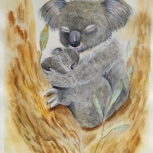 Aquarelle animale "koalas tendresse" sur papier grain fin, encadré