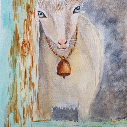 Aquarelle chèvre "la tendresse blanche" sur papier grain fin, peinture originale 29,7 cm × 21 cm, encadrée