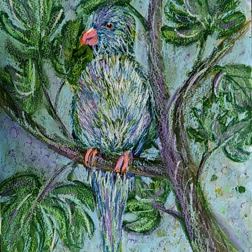 Aquarelle / pastel à l'huile oiseau "le perroquet" sur papier aquarelle, peinture originale, tableau oiseau, encadrée
