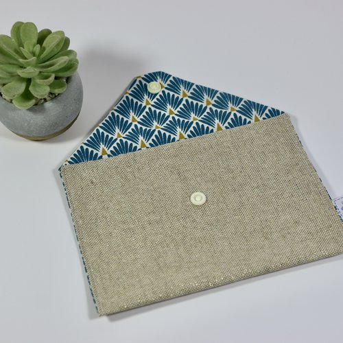 Pochette plate "lin pailleté et turquoise"