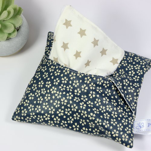 Lingettes et leur pochette " fleurs marine et beige"