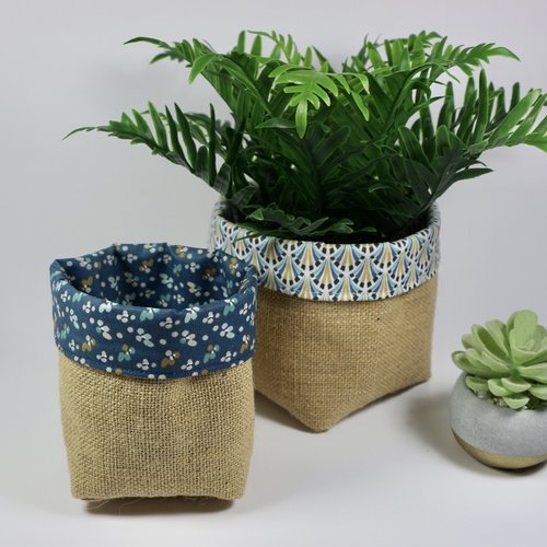 Lot de deux corbeilles ou cache-pot "jute bleu"