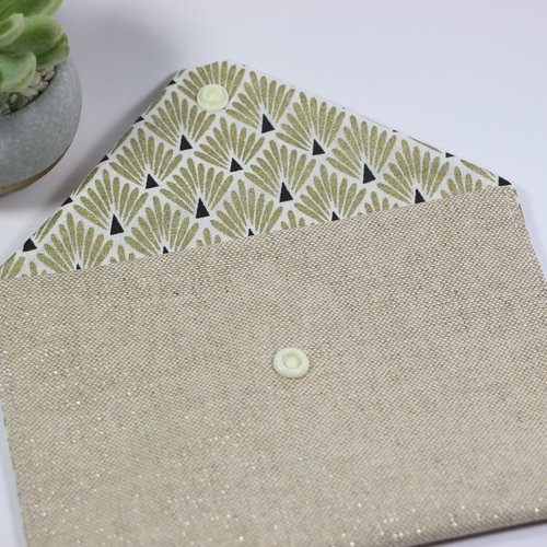 Pochette "enveloppe" lin pailleté éventails or.