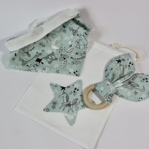 Bavoir bandana et anneau dentition "circus bleu"