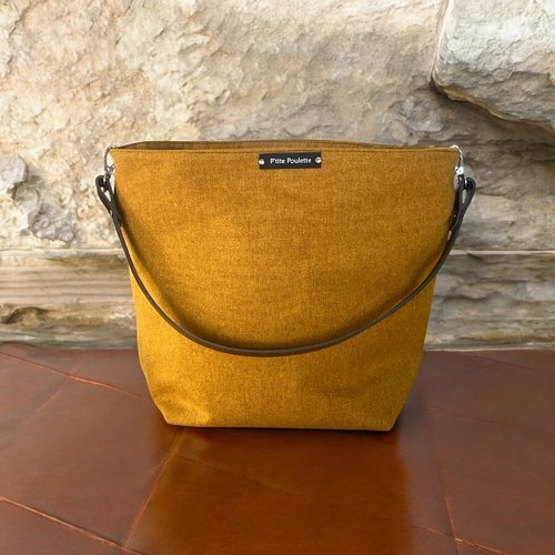 Sac porté épaule en coton jaune citron, anse cuir noir