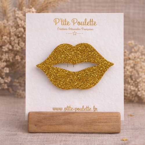 Broche lèvres pailletées dorée– bijou fantaisie chic fait main – accessoire mode femme – création artisanale française
