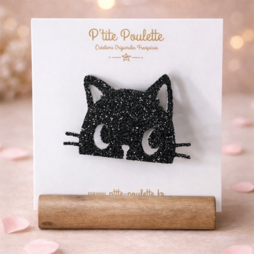 Broche pailletées chat noire– bijou fantaisie chic fait main – accessoire mode femme – création artisanale française