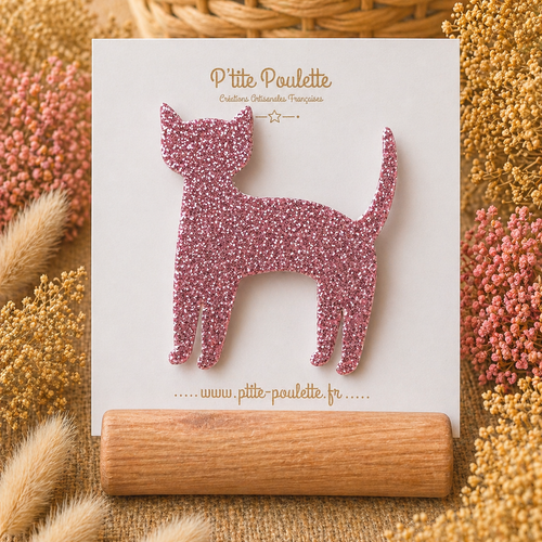 Broche chat pailletée rose – bijou fantaisie fait main – accessoire veste pull – création artisanale française