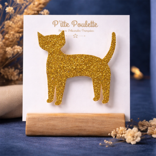 Broche chat pailletée dorée – bijou fantaisie fait main – accessoire veste pull – création artisanale française