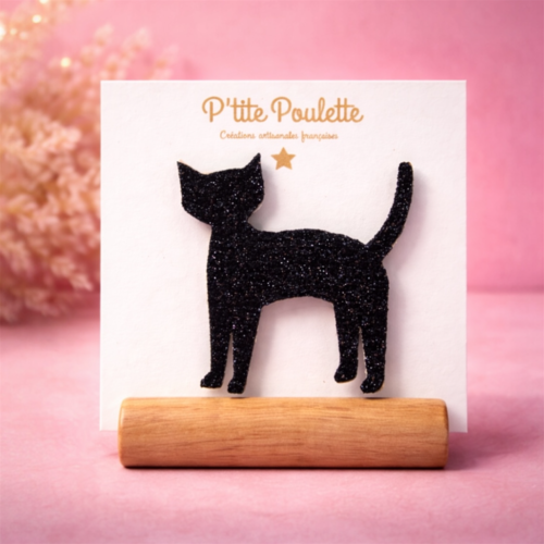 Broche chat pailletée noir – bijou fantaisie fait main – accessoire veste pull – création artisanale française