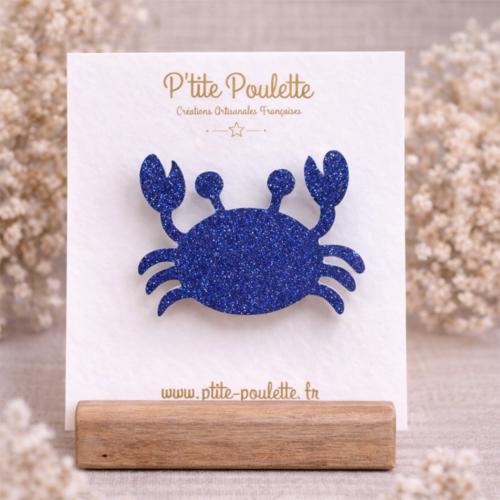 Broche crabe pailletée bleu roi – bijou fantaisie fait main – accessoire veste pull – création artisanale française
