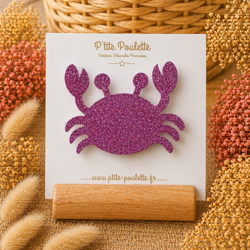 Broche crabe pailletée rose – bijou fantaisie fait main – accessoire veste pull – création artisanale française