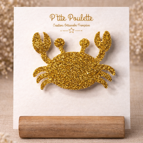 Broche crabe pailletée dorée  – bijou fantaisie fait main – accessoire veste pull – création artisanale française