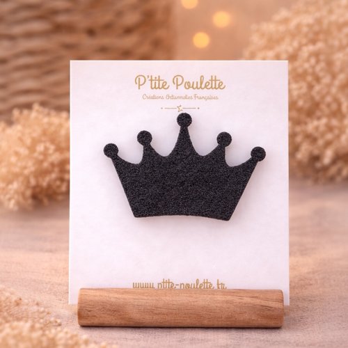 Broche couronne pailletée noir – bijou fantaisie fait main – accessoire veste pull – création artisanale française