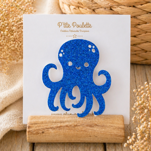 Broche pailletée pieuvre bleu roi– bijou fantaisie fait main – accessoire veste pull – création artisanale française