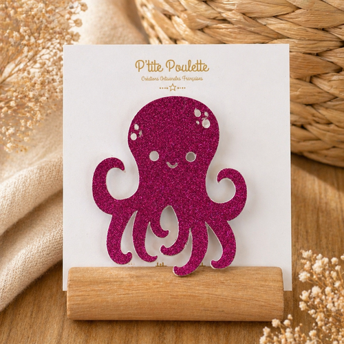 Broche pailletée pieuvre fuschia– bijou fantaisie fait main – accessoire veste pull – création artisanale française