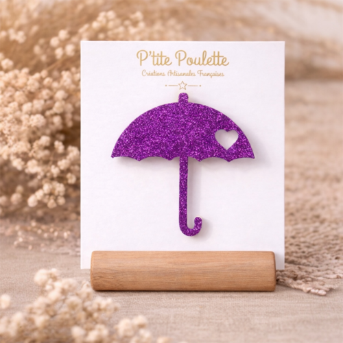 Broche parapluie pailletée fuchsia – bijou fantaisie fait main – accessoire veste pull – création artisanale française