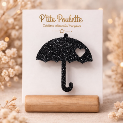 Broche parapluie pailletée noir – bijou fantaisie fait main – accessoire veste pull – création artisanale française