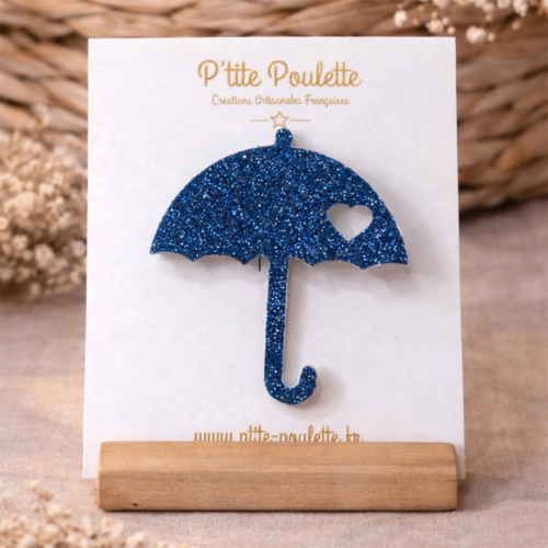 Broche parapluie pailletée bleu roi – bijou fantaisie fait main – accessoire veste pull – création artisanale française