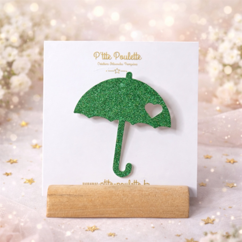 Broche parapluie pailletée verte– bijou fantaisie fait main – accessoire veste pull – création artisanale française